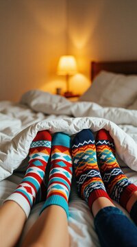 Feet in colorful patterned socks peek from under white blanket. Cozy couple rests in bed near glowing lamp. Warm bedroom interior creates peaceful home atmosphere.
