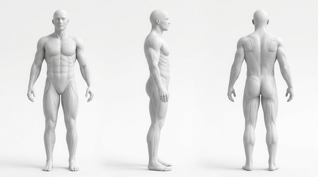 3D rendered medical illustration of a fit male body in three views.