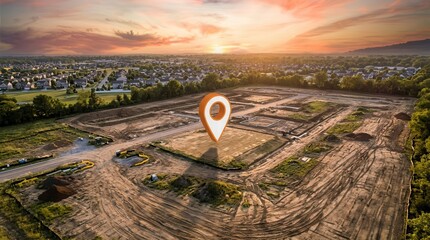 Obraz premium Aerial view of a residential construction and development site at sunset.