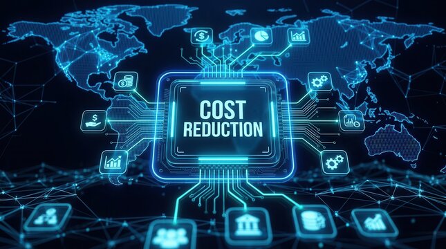 Cost reduction concept with minimizing expenses and increasing efficiency on a virtual screen.