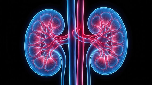 Illuminated human kidneys x-ray showing internal anatomy and blood vessels.