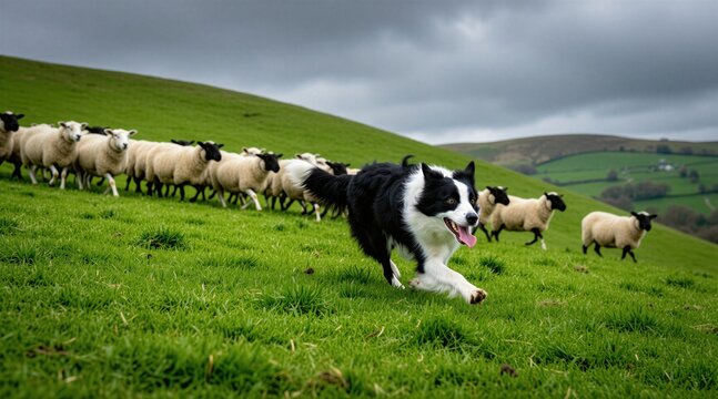 Black, white Border Collie actively herds flock of sheep on vibrant green grassy hill under cloudy sky. Dog runs fast, sheep follow closely, moving across rural landscape. Scene shows teamwork,