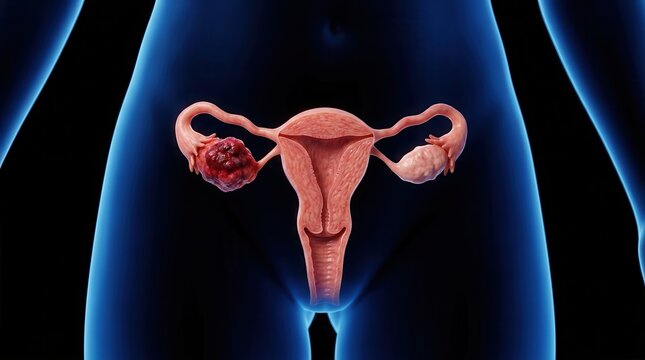 3D medical illustration showing ovarian cancer in the female reproductive system.