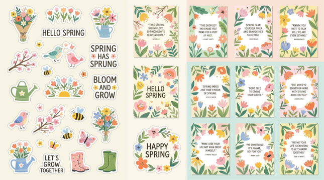 Vibrant Collection of Springtime Decorative Stickers Featuring Floral Elements and Inspirational Hello Spring Quotes for Seasonal Greeting Cards and Aesthetic Stationery Design Ornamentation.