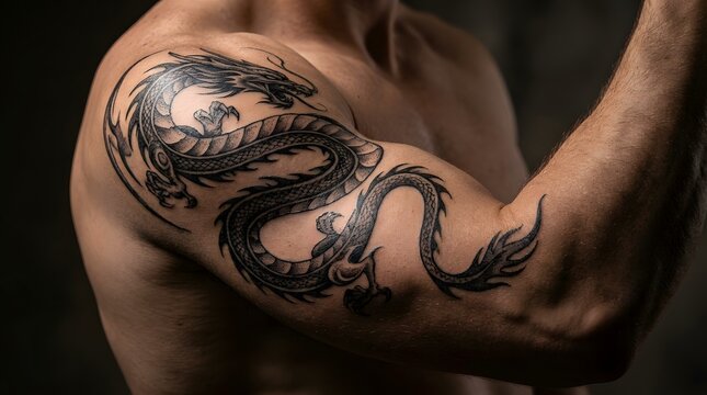 Intricate Black Ink Tribal Dragon Tattoo Close Up