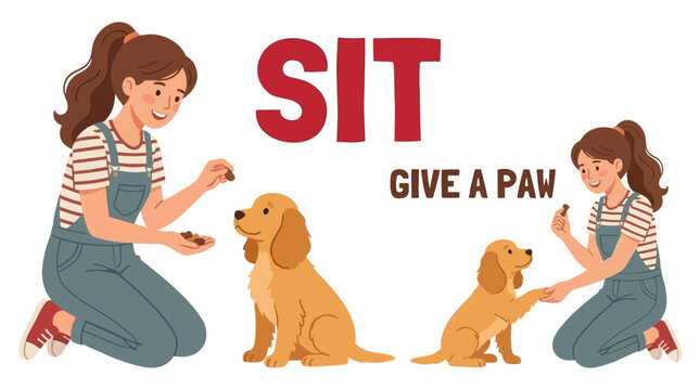 Dedicated pet owner holding healthy treats in hands while teaching a loyal dog to follow obedience commands like sit and give a paw during a happy positive reinforcement session outdoors.