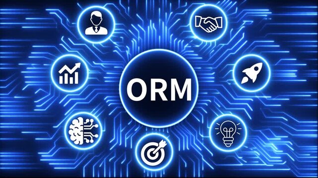 ORM icon surrounded by smaller icons for ai manufacturing strategy. A glowing neon, and manufacturing process management all connected in a digital circuit like pattern, 4k video 
