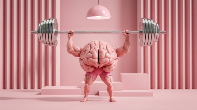 A pink brain lifting heavy weights to symbolize mental strength and cognitive power.