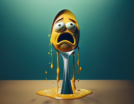 a strange silly surreal image of a spoon character with an exhausted face melting into a puddle from stress food diet and health concepts