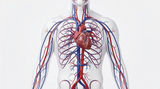 A detailed 3D depiction of the human circulatory system in a man.