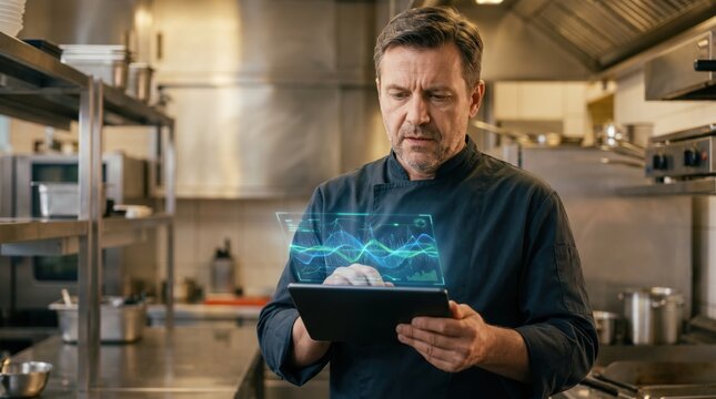Chef using a digital tablet displaying holographic financial charts and data in a restaurant kitchen