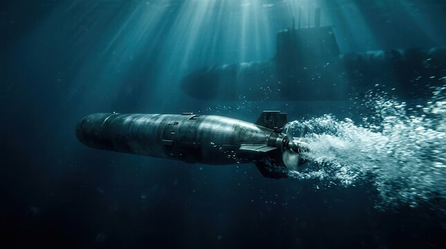 A torpedo traveling through the deep ocean with a submarine in the background.