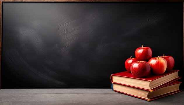 black chalk board with red apples and books for back to school or education backdrop shot from above