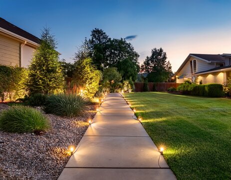 walkway with lights through yard and garden at home