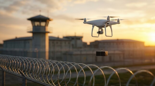 A white drone delivering a black package over a prison yard at sunset.