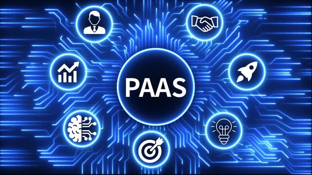 PAAS icon surrounded by smaller icons for ai manufacturing strategy. A glowing neon, and manufacturing process management all connected in a digital circuit like pattern, 4k video 