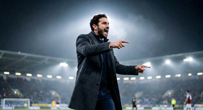 Entrenador de f&uacute;tbol apasionado gritando y dando instrucciones en un estadio por la noche
