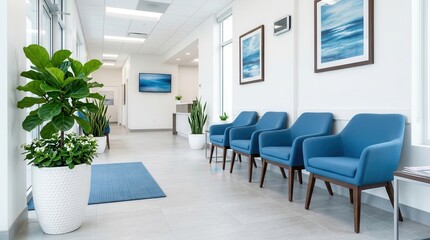 Fototapeta premium Modern medical clinic waiting room featuring blue chairs and indoor plants.