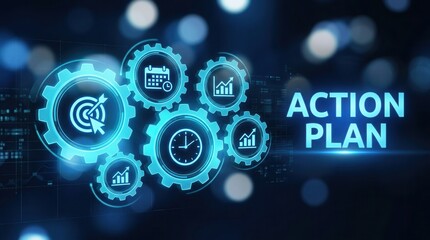 Fototapeta premium Strategic execution and goal setting for an action plan on a wide technology banner.