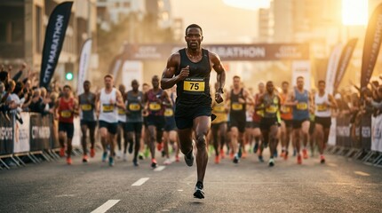 Fototapeta premium A determined athlete leads the marathon race through crowded city streets.