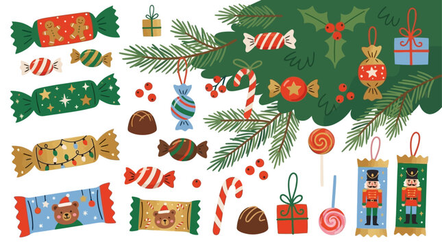 Assortment of Traditional Christmas Candy and Festive Holiday Sweets in Colorful Decorative Wrappers Featuring Gingerbread Stars and Peppermint Treats for Winter Celebration Decoration.