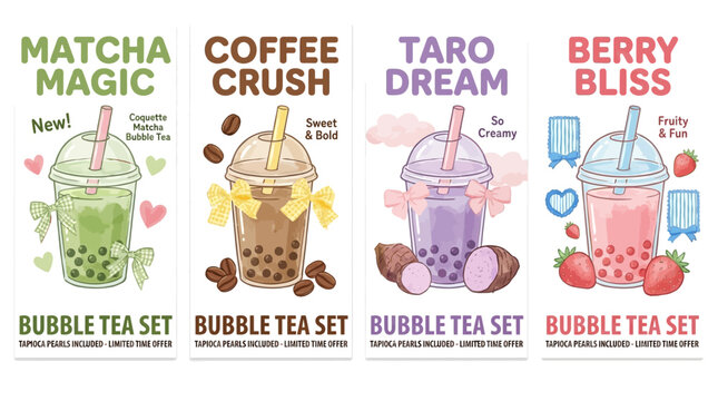 Professional Advertising Graphic Design Template Set for Bubble Tea Promotion Collection Featuring Refreshing Tapioca Pearl Milk Tea Soft Drink Posters with Colorful Creative Illustration Layouts