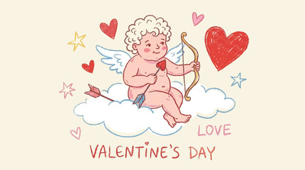 Obraz premium Hand Drawn Vector Illustration of a Cute Winged Cupid Sitting on a Cloud with a Bow and Arrow Symbolizing Love and Romance for Valentine Day Greeting Cards and Heart Decoration