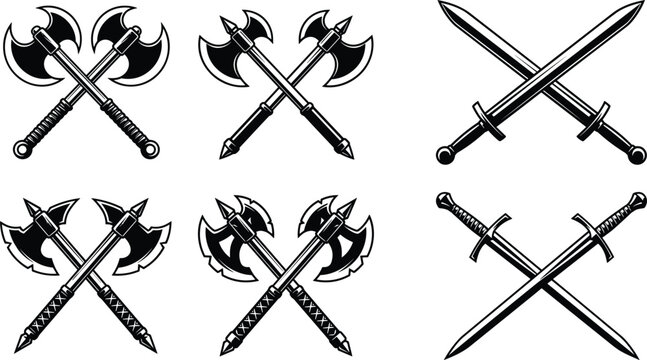Set of medieval crossed battle axes and swords vector illustrations isolated on a white background