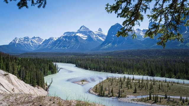 Glacial River Winding Through the Canadian Rockies Along the Icefields Parkway