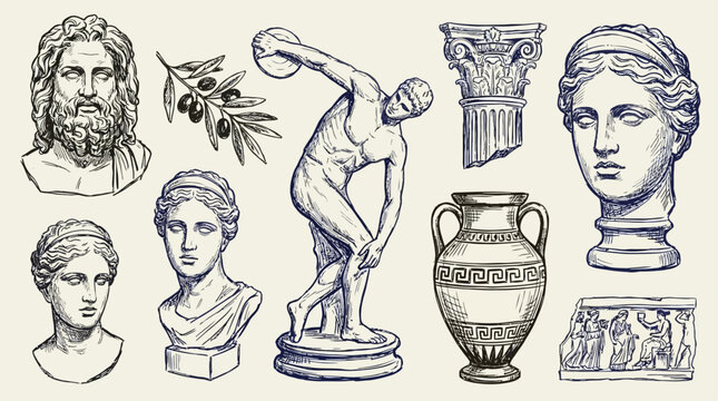 Diverse Collection of Antique Classical Stone Statue Decorative Branch Amphora and Marble Column Featuring Various Mythical Artifacts from Ancient Mediterranean Heritage and History