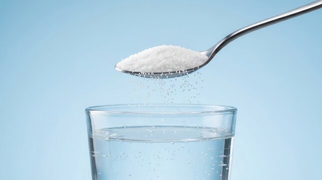 White granular substance falling from a spoon into a glass of pure water.