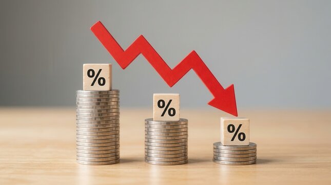 Wooden blocks with percentage symbols on coin stacks with a red arrow pointing down for interest rate cut and inflation concept.