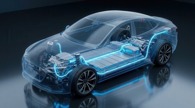 Transparent car body showing electric vehicle battery pack and powertrain assembly