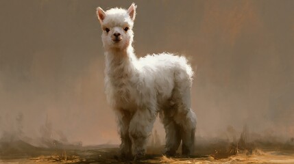 Fototapeta premium Cute white alpaca stands in daylight against a hazy brown setting.