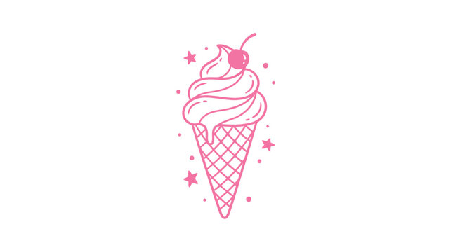 Minimalist hand drawn outline of a cute sweet ice cream scoop sitting in a crispy waffle cone topped with a delicious cherry, aesthetic sketch illustration for doodle food collection set.