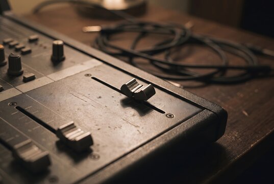 Close up of a bent metal fader slider on a multi-track recorder