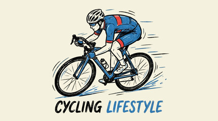 Obraz premium Professional male cyclist wearing protective helmet and aerodynamic sport suit riding road bicycle in fast motion movement during an intense outdoor athletic training or healthy lifestyle ride