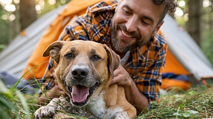 Fototapeta premium Smiling man with adorable dog enjoying camping trip in lush forest with tent in background