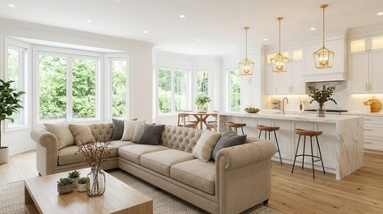Fototapeta premium Modern living room and kitchen area with natural light and comfortable furniture