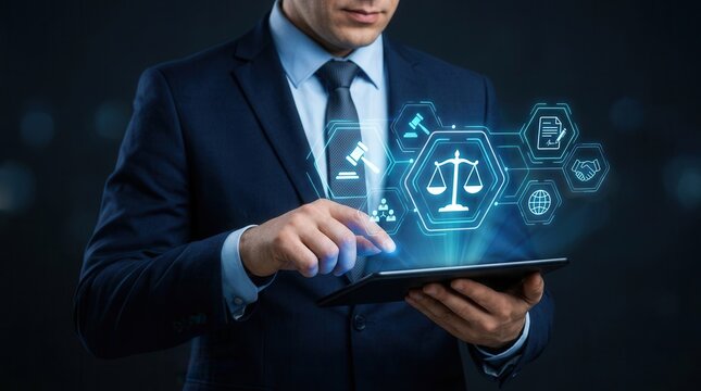 A businessman using a tablet to access a digital legal assistant application for client support.