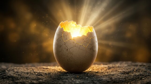 Cracked eggshell with golden light shining from within symbolizing new beginnings and renewal.