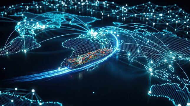 Artificial intelligence and international logistics concept with a world map and interconnected supply chain network.