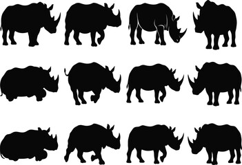 Fototapeta premium Black Rhinoceros Silhouette Collection with Multiple Poses for Wildlife Vector Design