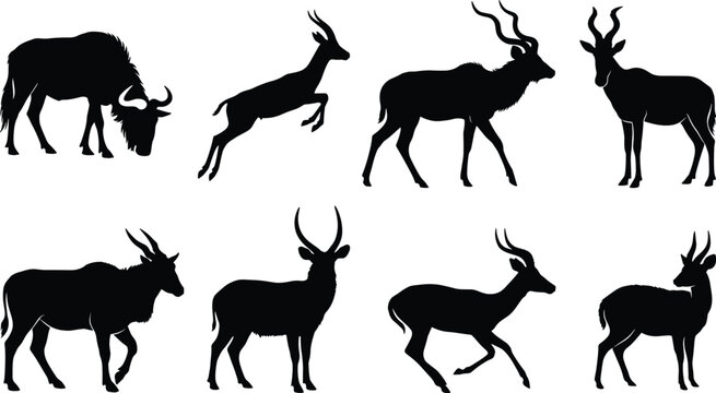African Antelope and Buffalo Silhouette Set with Wildebeest Kudu and Gazelle Wildlife Collection