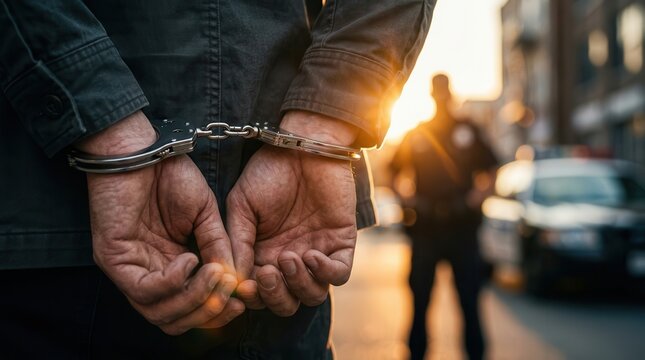 Close-up of a man in handcuffs being arrested by police after a crime.