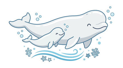 Fototapeta premium Adorable white beluga whale family swimming in deep blue ocean water, featuring a happy mother and her small calf gliding gracefully together in the Arctic sea habitat.