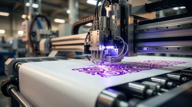 Industrial digital printing machine applying a vibrant purple pattern to white material.