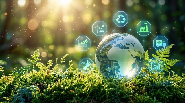 Sustainable supply chain logistics with a glowing globe and ecology icons on green moss.