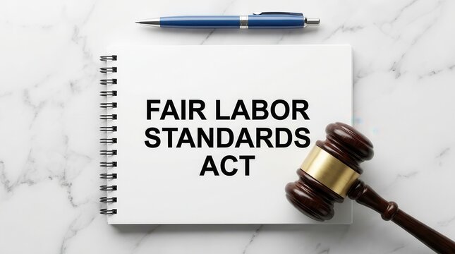 Fair Labor Standards Act text on a white spiral notebook with a wooden judge gavel.