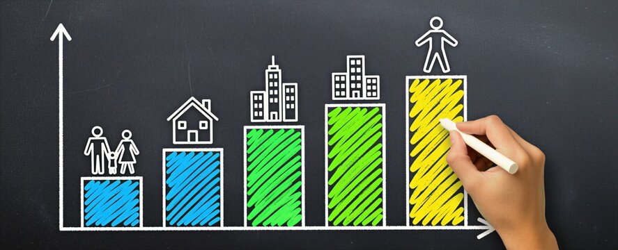 Hand draws growth chart on blackboard with chalk. Icons show family home business progress. Increasing success, economic development, and planning.
